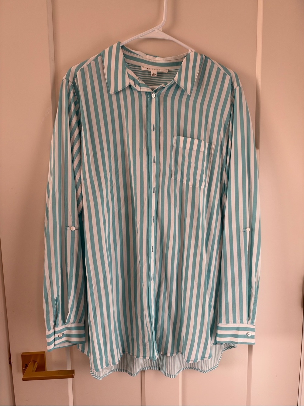 Jane and Delancey Teal and White Vertical Stripe Button-Down